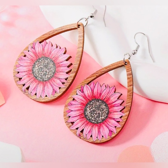 Pink Sunflower Wooden Drop Earrings - Picture 3 of 5